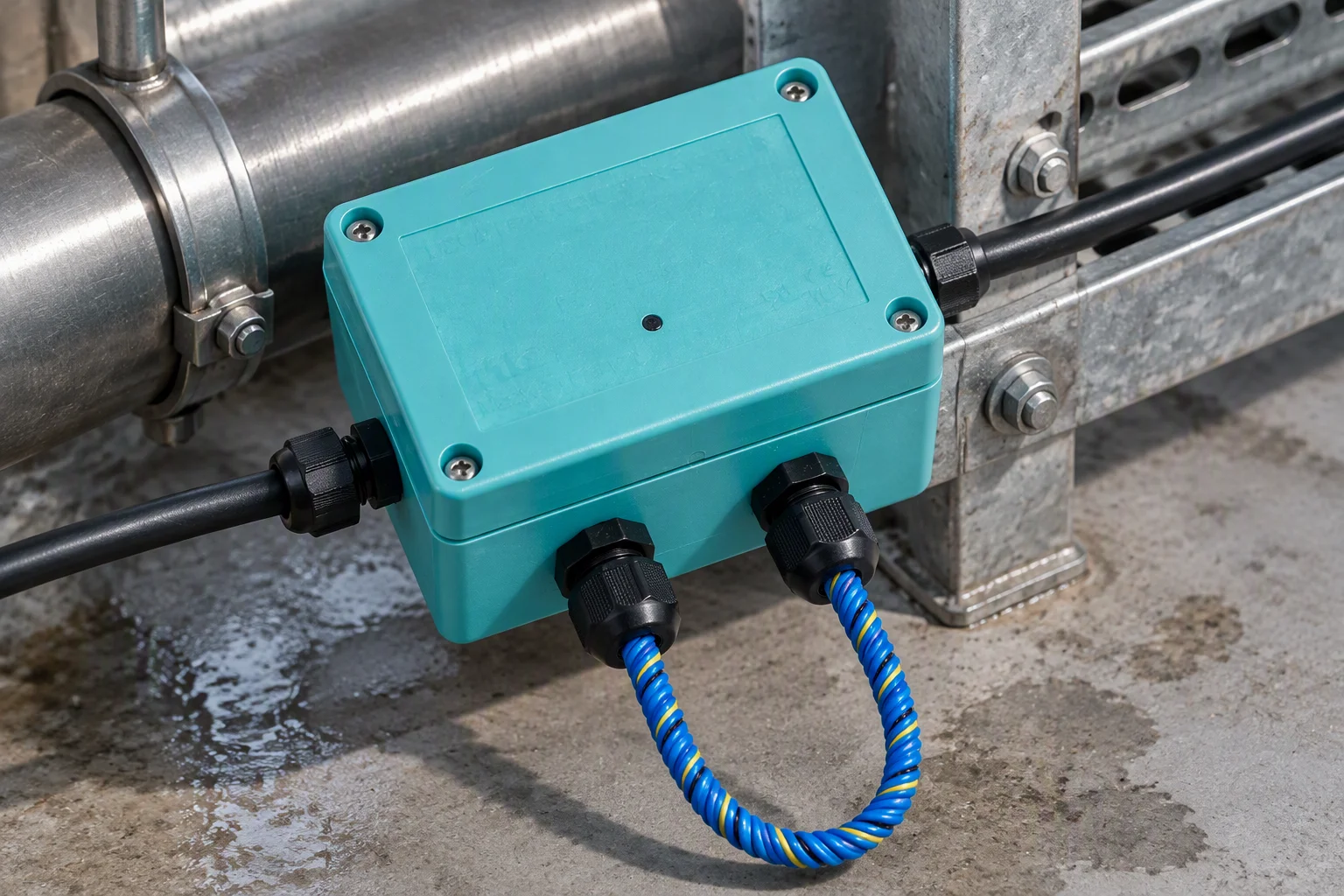 Rope-type rack probe bracketed to a manifold inside a server rack, with its hold-down clips and uplink cable visible