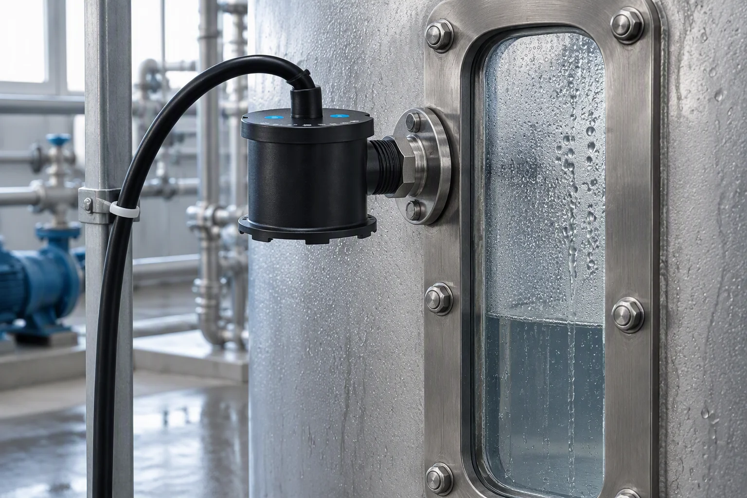 A point leak probe being height-set above a drip pan with a rule in frame showing the adjustable gap