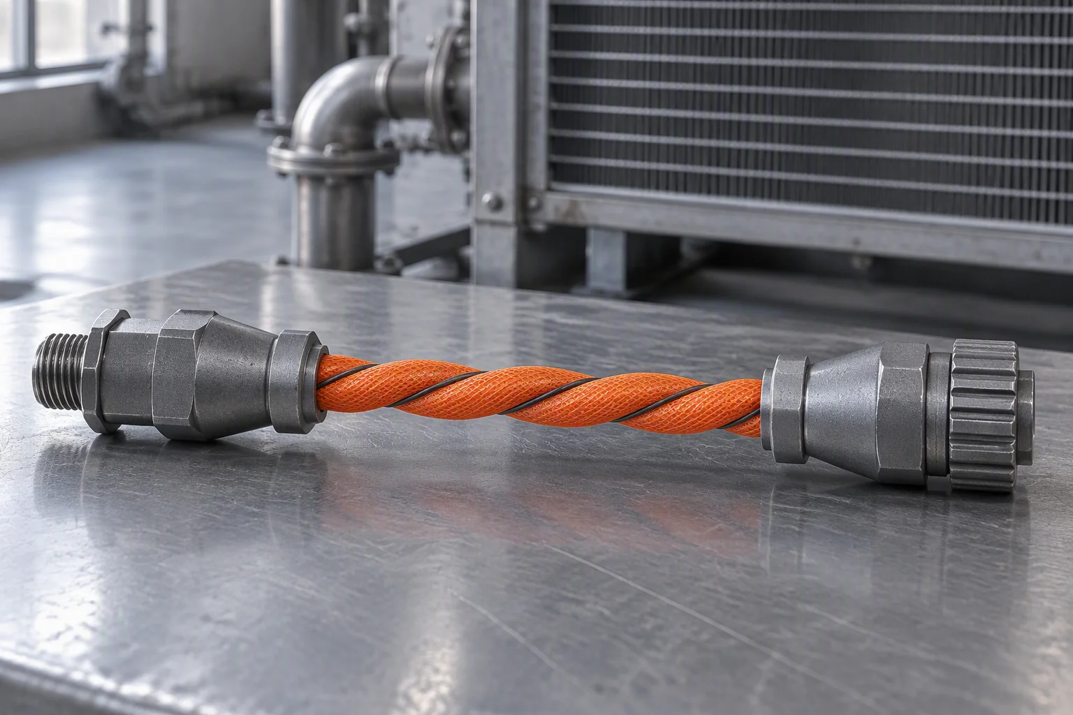 Sensing cable clipped along an under-floor route at regular spacing, with a leader connection in the foreground