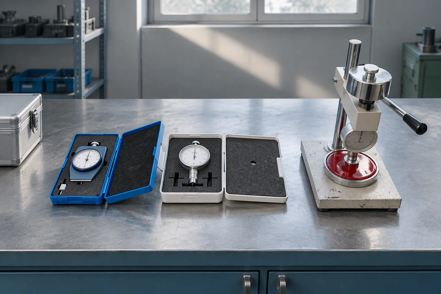 Two dial gauges resting in their open cases on an inspection bench, with a bench-top hardness tester beside them