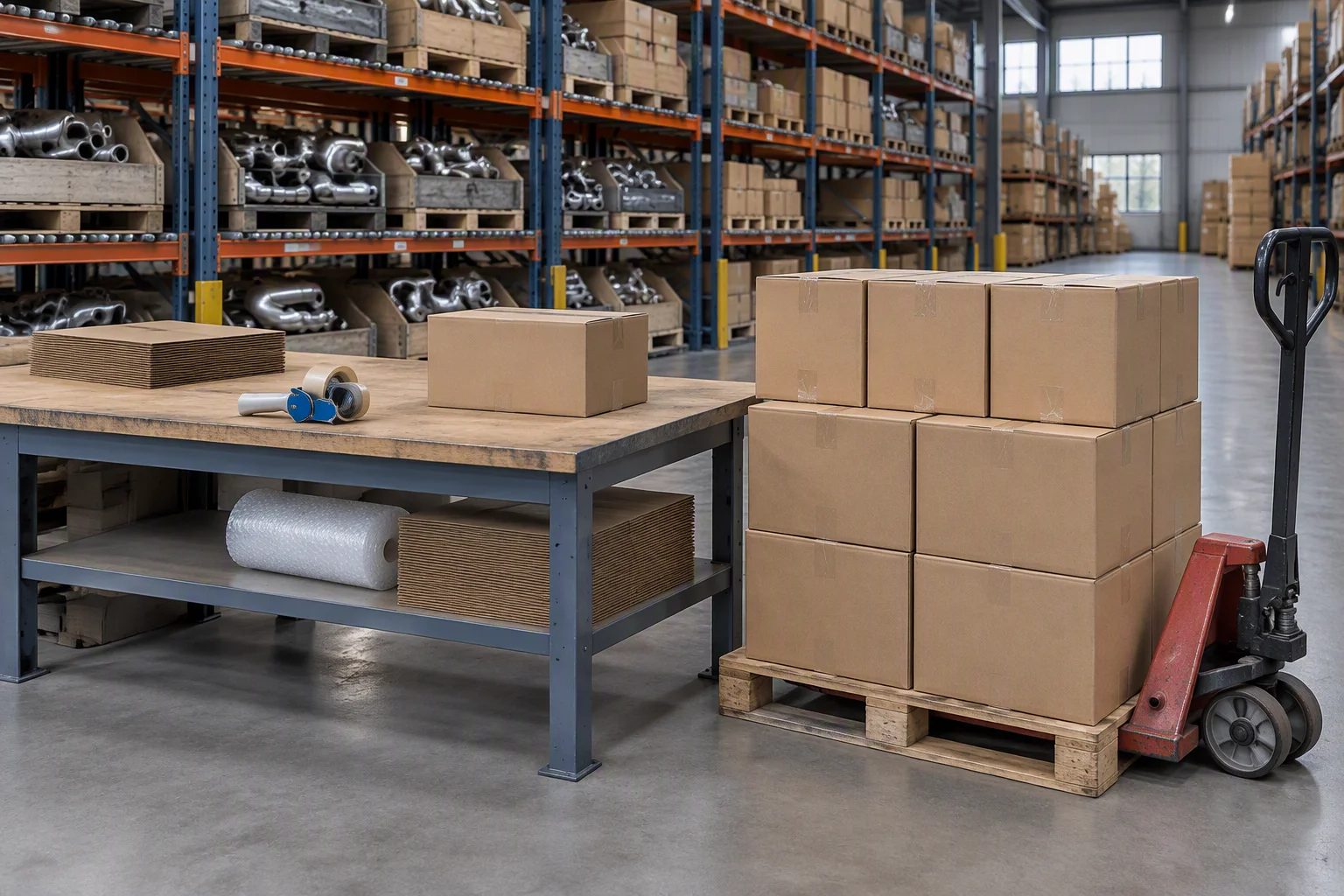 A warehouse packing bench with a tape dispenser and a plain carton, beside a stack of brown export cartons on a timber pallet with a hand pallet truck