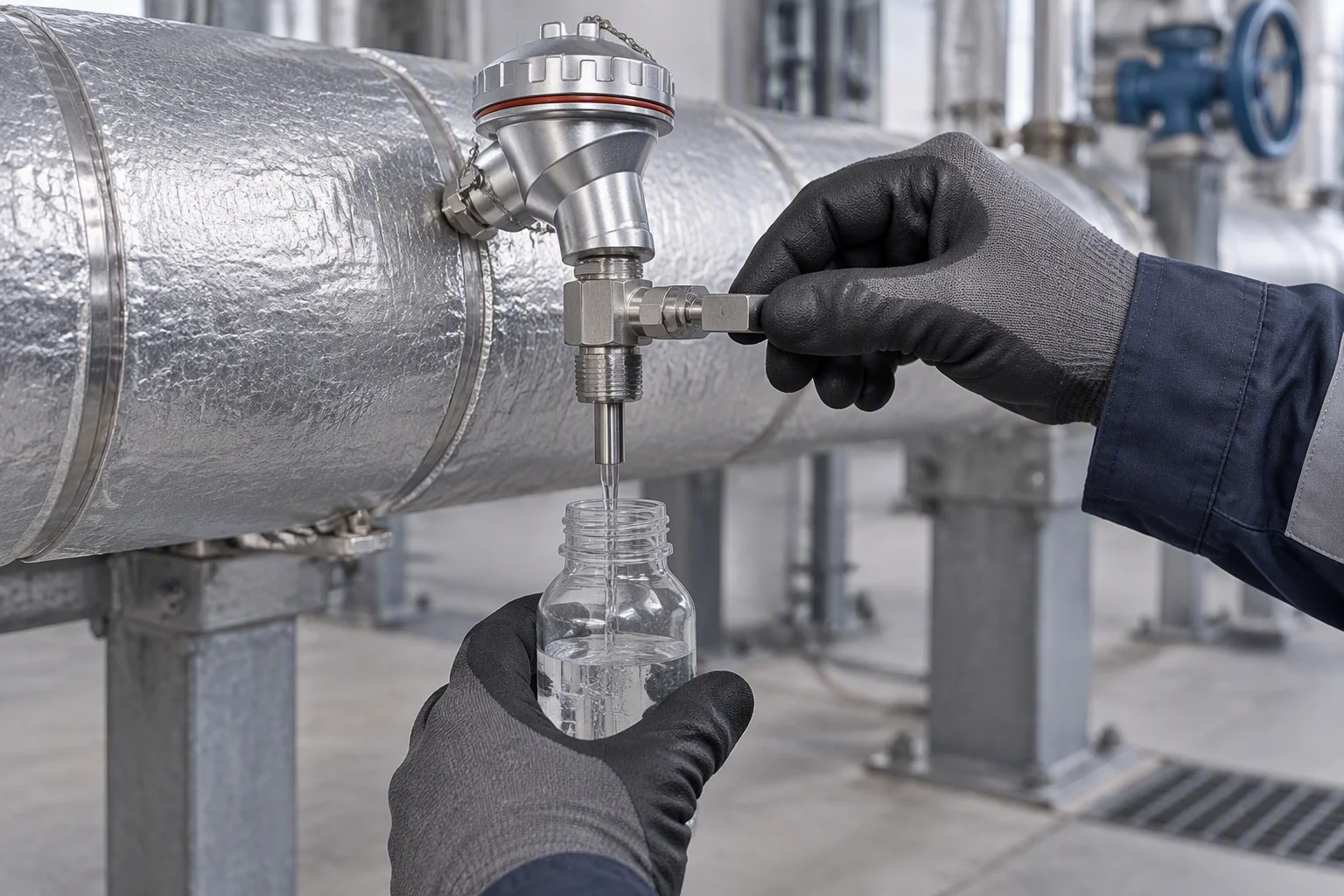 Sampling valve on an insulated coolant pipe run with a sample bottle held beneath the outlet