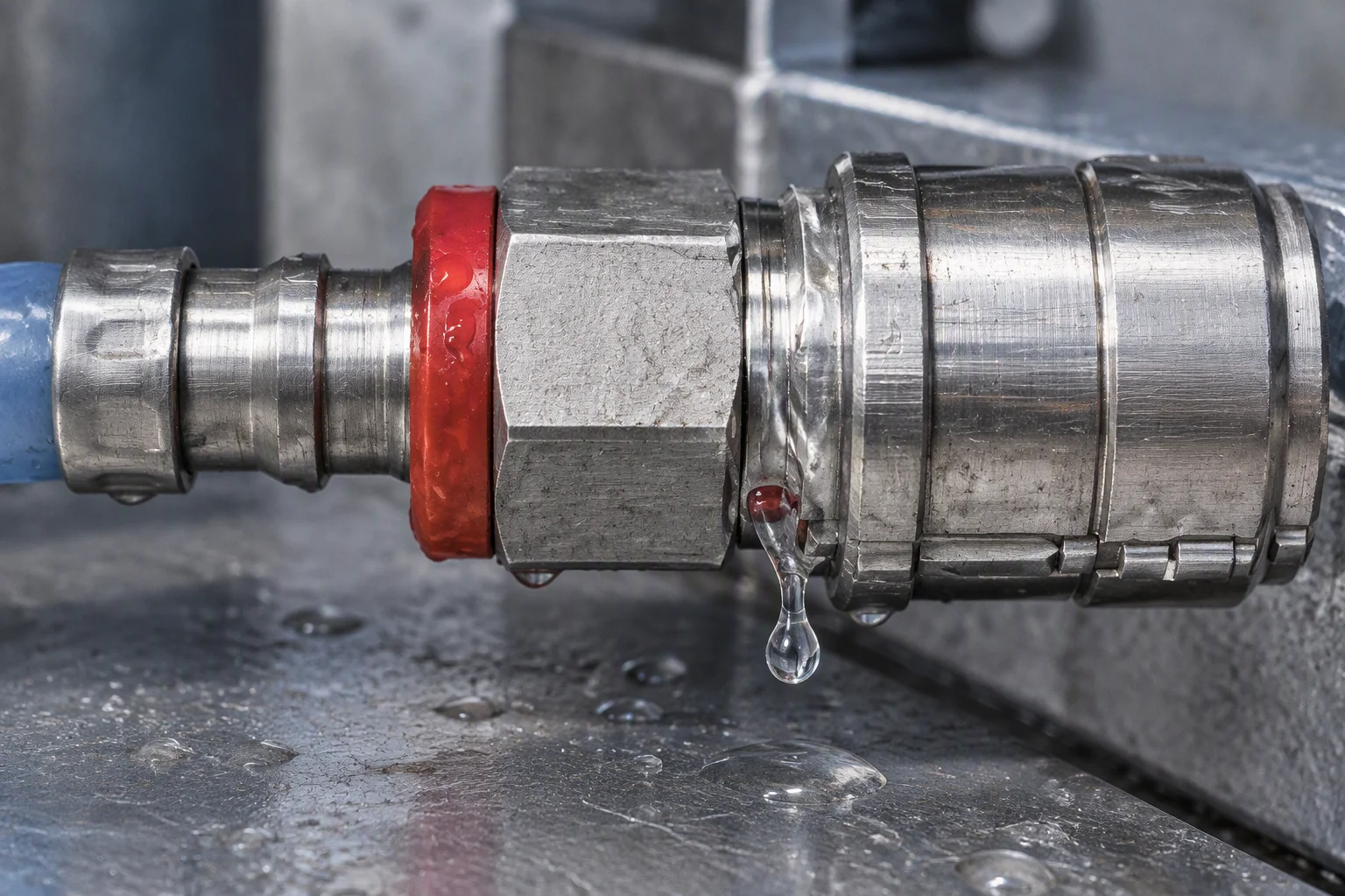 Crimped hose ferrule beside a quick-disconnect coupling, both at close range with tool marks visible