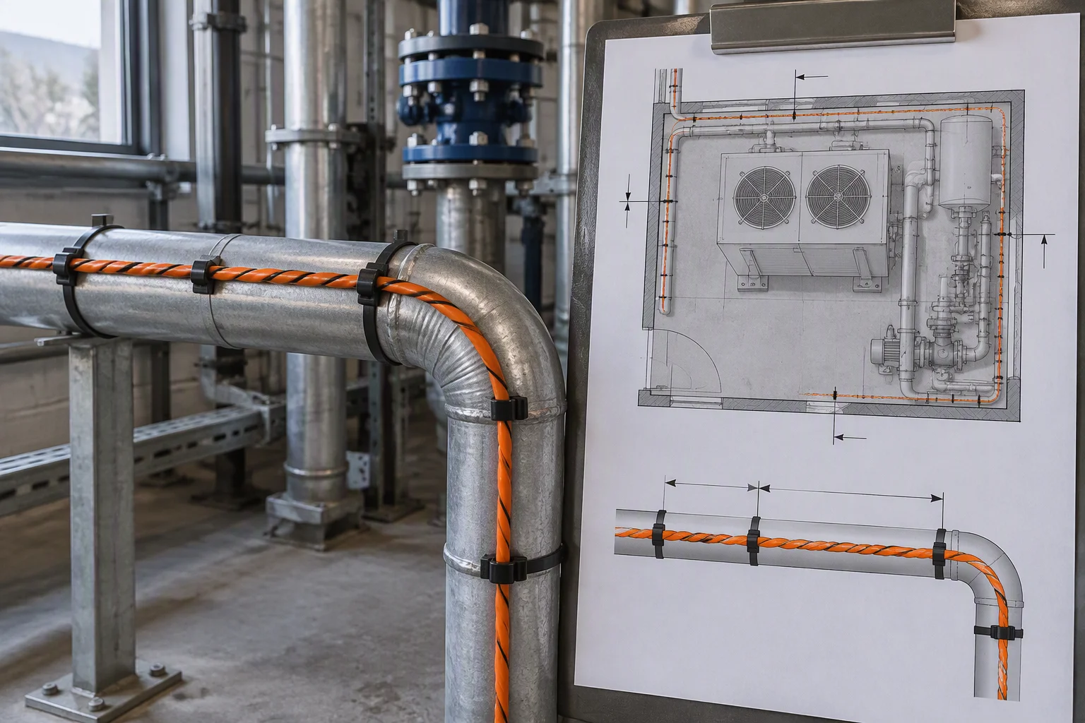 Leak detection sensing cable clipped along a pipe route beneath a raised floor, with the clip spacing visible