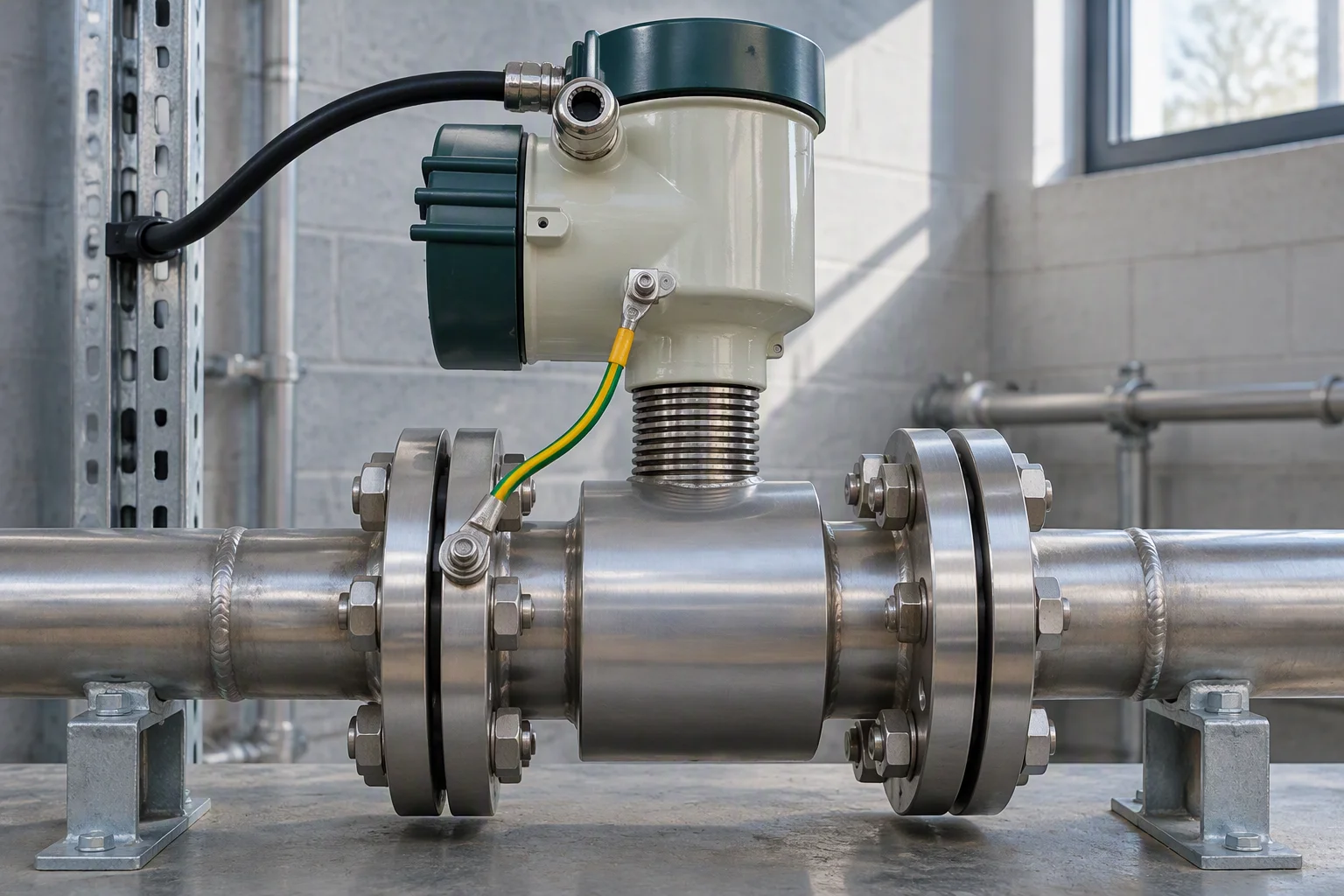 A single electromagnetic flow meter flanged into a short run of stainless header on a bench, with a grounding strap bonded to its body and a cable gland on top