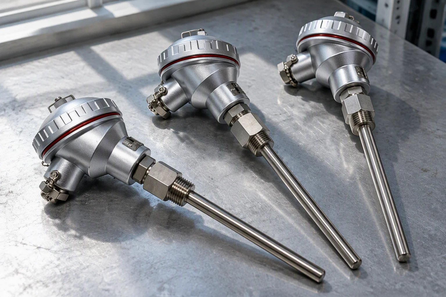Three RTD temperature probes with aluminium terminal heads and stainless thermowells lying as a set on a workbench
