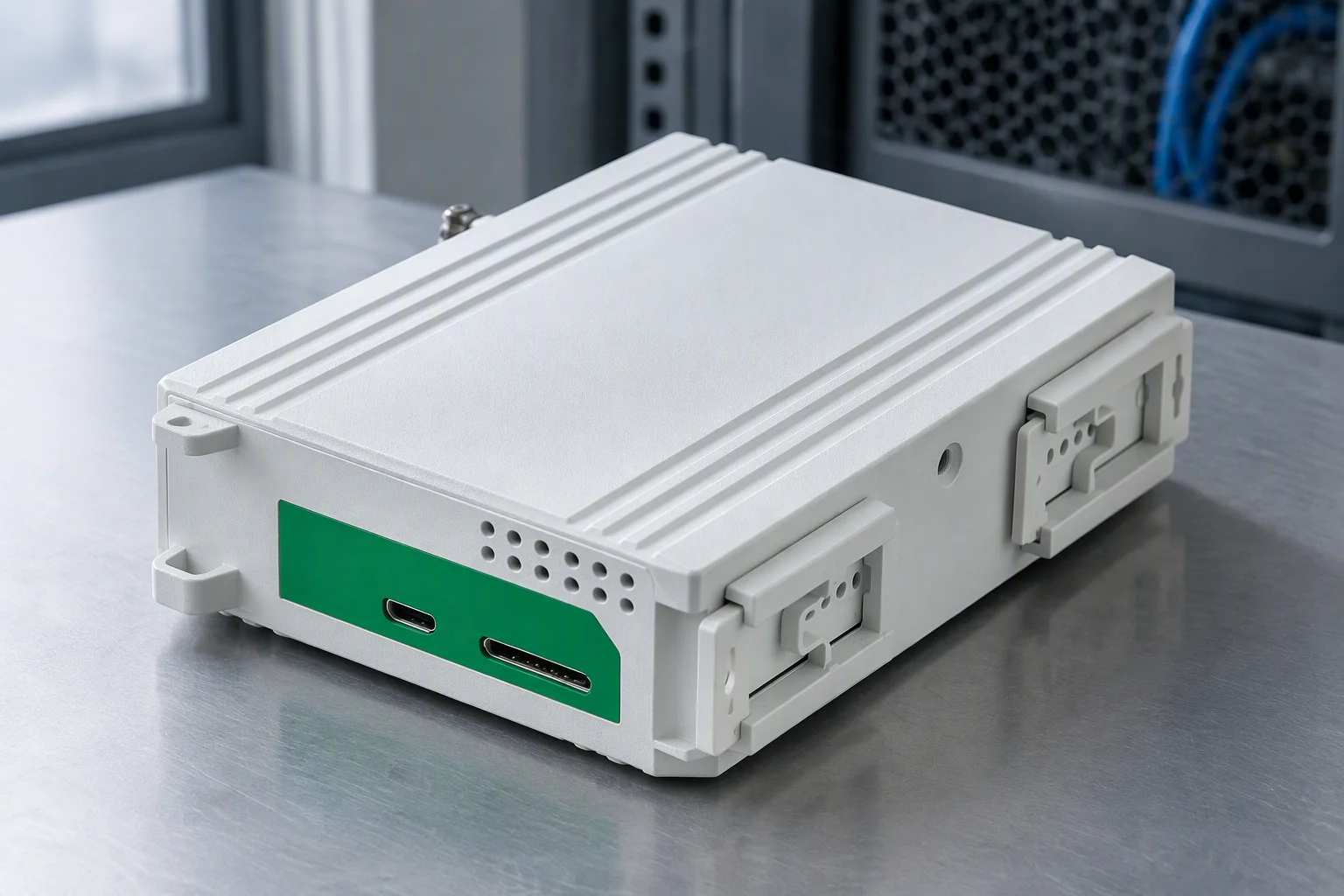 DIN-rail telemetry gateway installed in a control panel with its RS-485 trunk and two Ethernet leads terminated at the terminal blocks