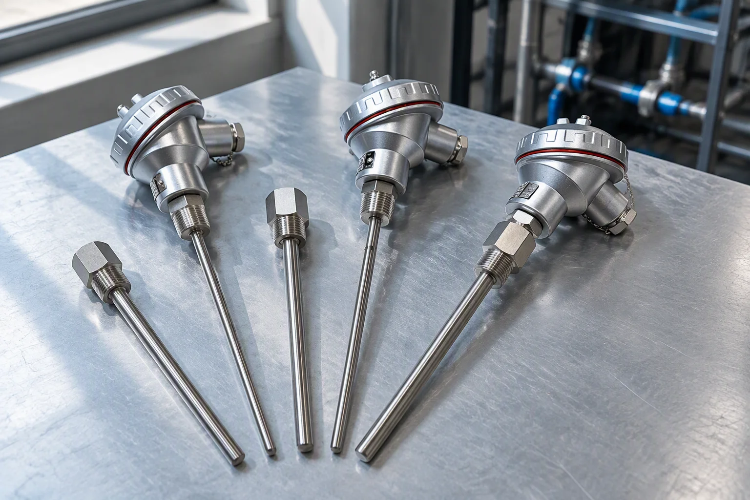 Five RTD temperature probes with their thermowells laid out in a row on a bench
