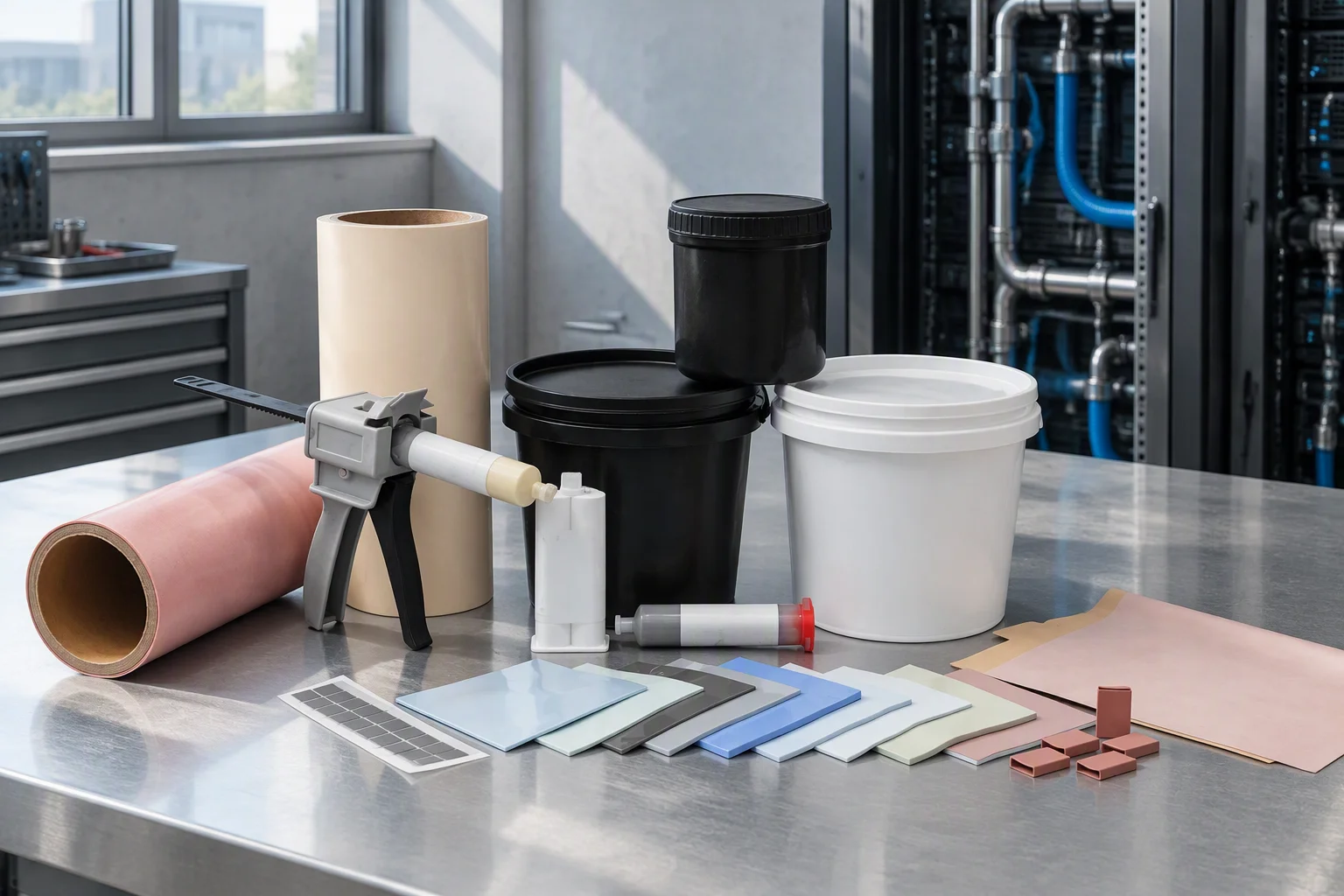 A stainless bench spread with thermal interface materials: a large roll of pink pad material, a cardboard tube, a caulking gun loaded with a grease cartridge, black and white pails, and a fan of flat pads in grey, blue and pink with small copper blocks at the front