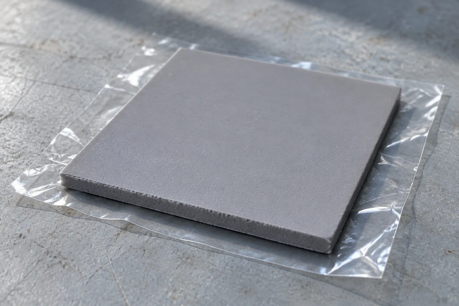 A single square grey die-cut gap filler pad resting on its wrinkled clear release liner on a bench, its cut edge and thickness toward the camera