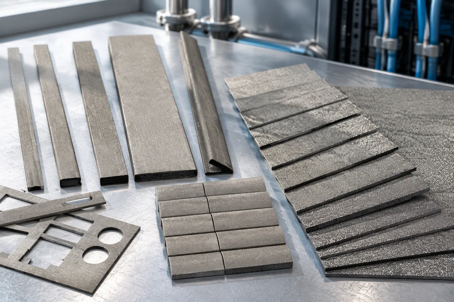 A fan of dark graphite-coloured thermal pads and narrow strips laid flat on a bench