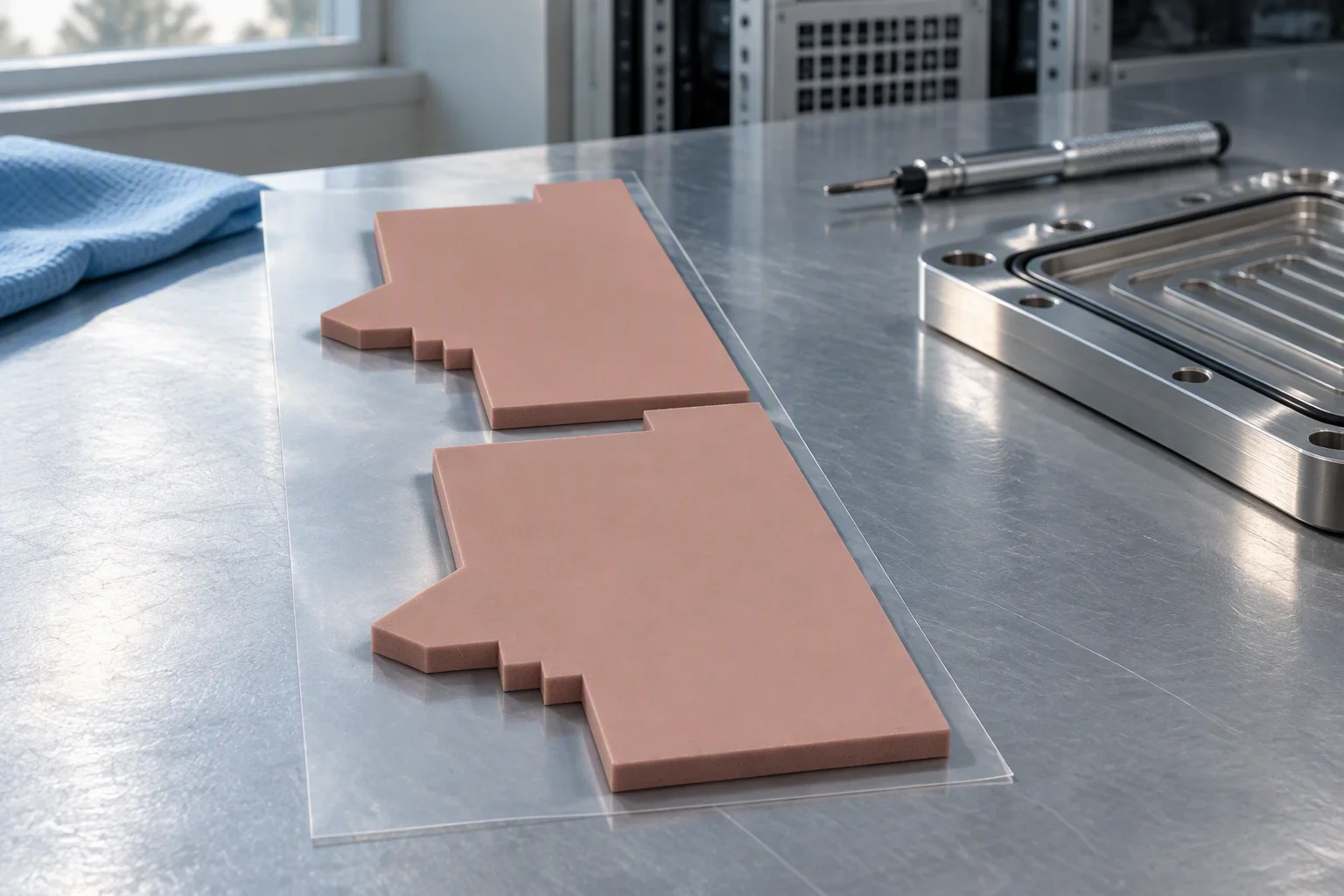 Two pink die-cut phase change pads resting on their release liner on a bench, with a loose O-ring lying on the plate beside them