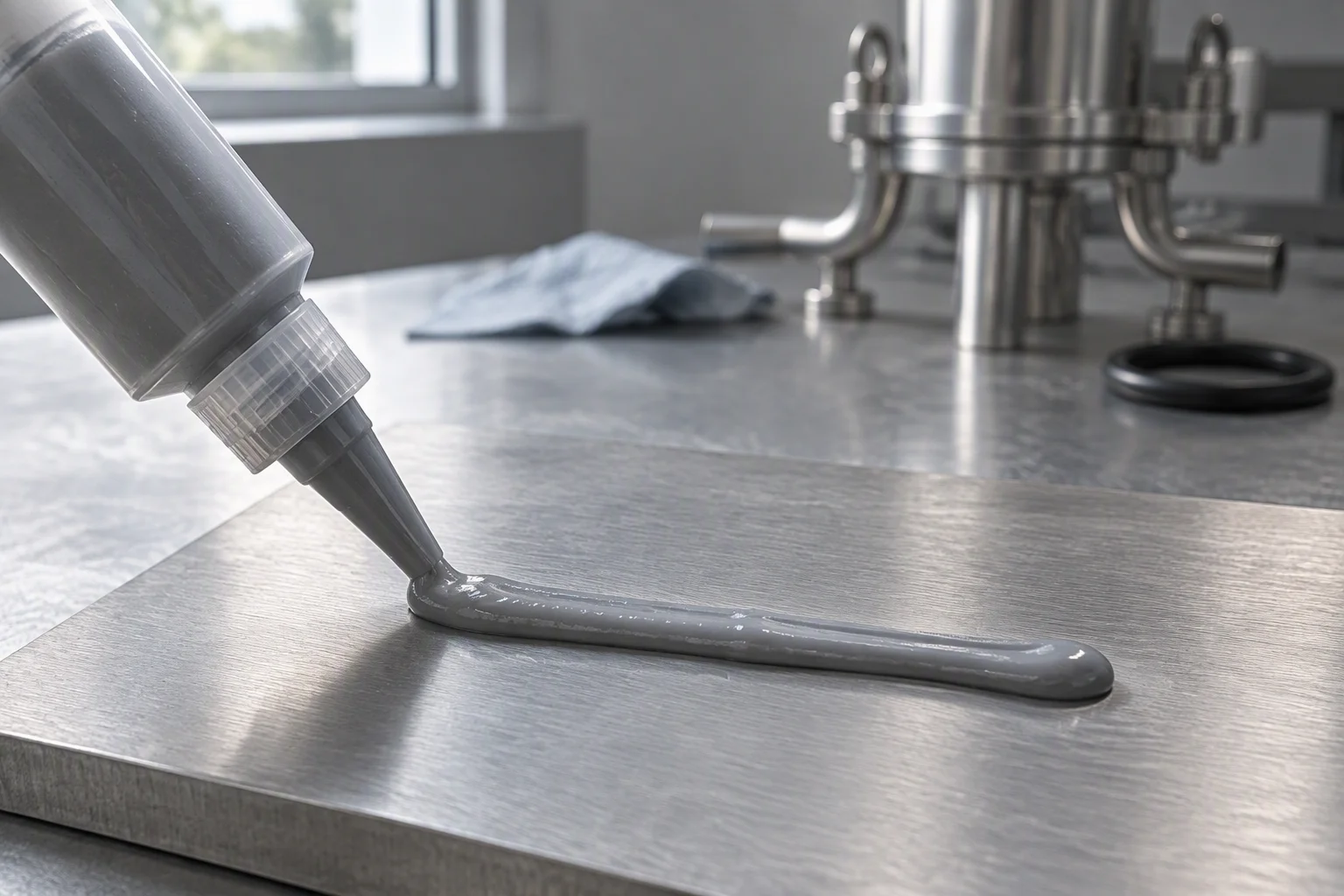 A syringe laying a smooth bead of grey thermal grease across a brushed stainless plate on a bench